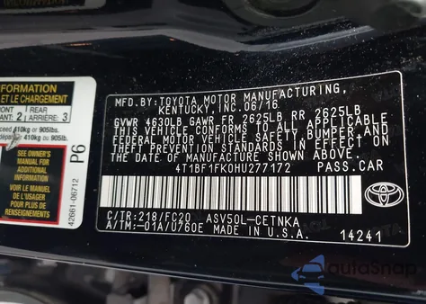 2017 Toyota Camry Le из США, поврежденный, VIN 4T1BF1FK0HU277172